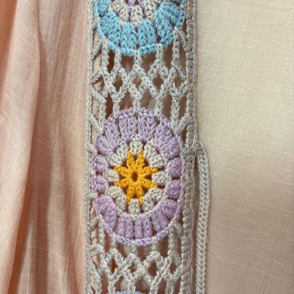 Pastel Pink Sheer Crochet Medallion Kimono Robe Tassel M/L Boho Festival Beachy - Picture 7 of 10
